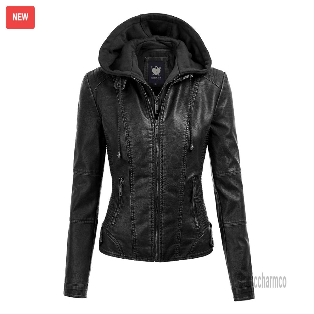 Faux Leather Moto Biker Jacket With Removable Hood, Women's Coat